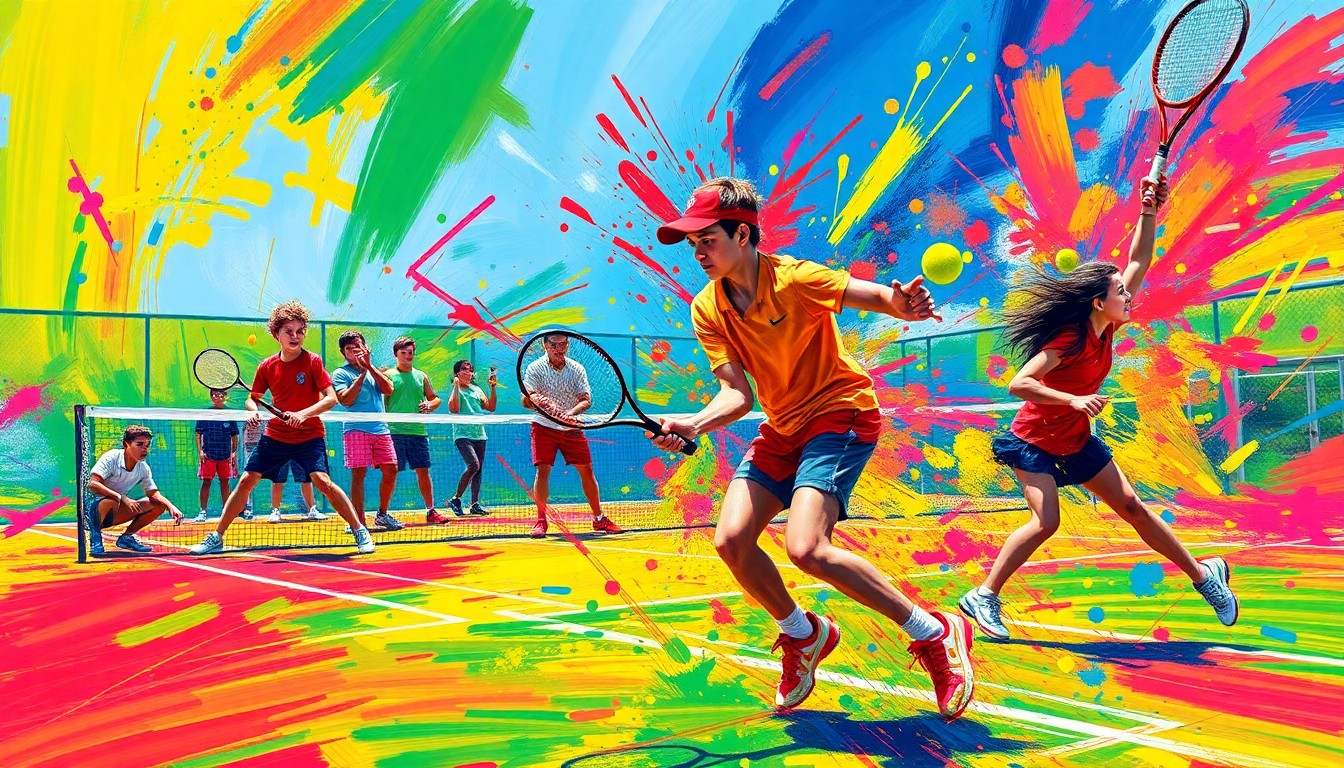 An abstract, expressionist painting in neon colors depicting the dynamic movement and energy of a high school tennis match, with players' forms blending into vibrant brushstrokes.