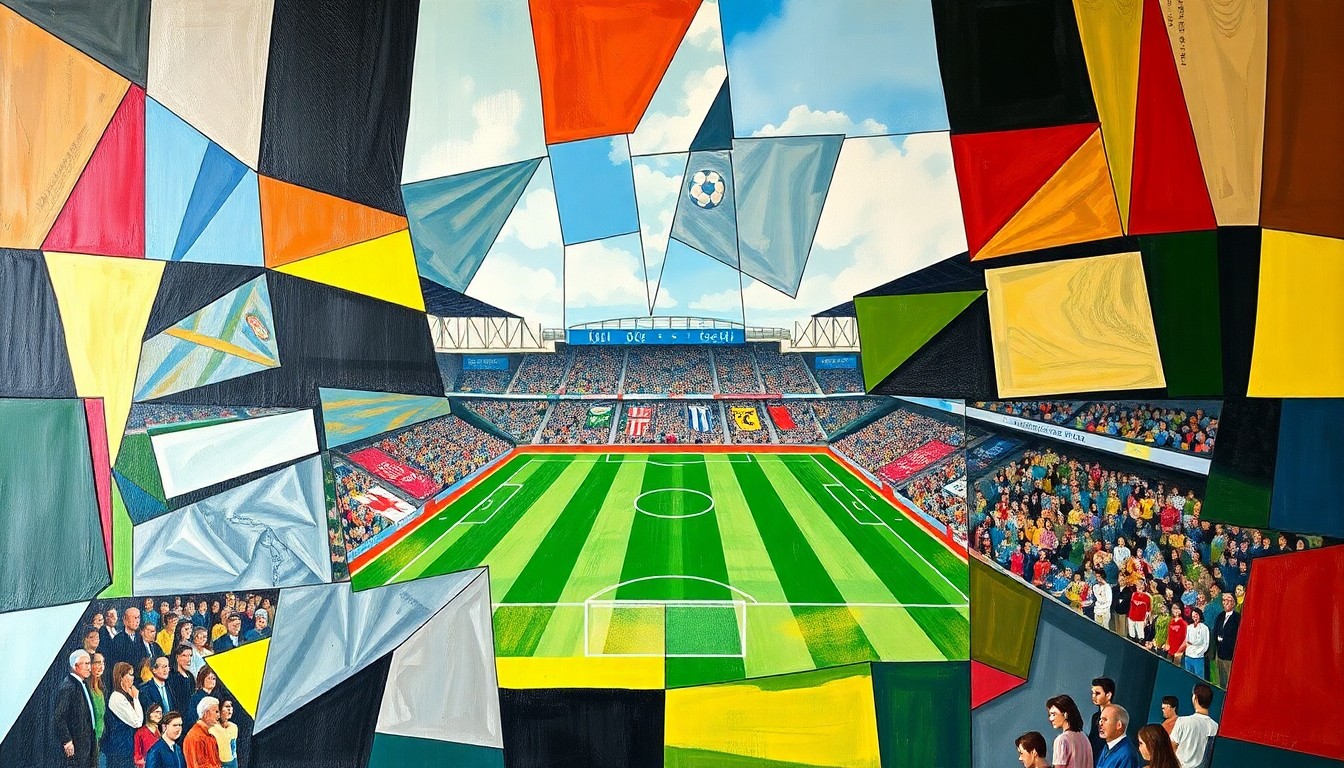 A cubist, geometric painting depicting a fractured, multi-perspective view of a football match, with sharp, overlapping planes of color representing the action on the pitch.