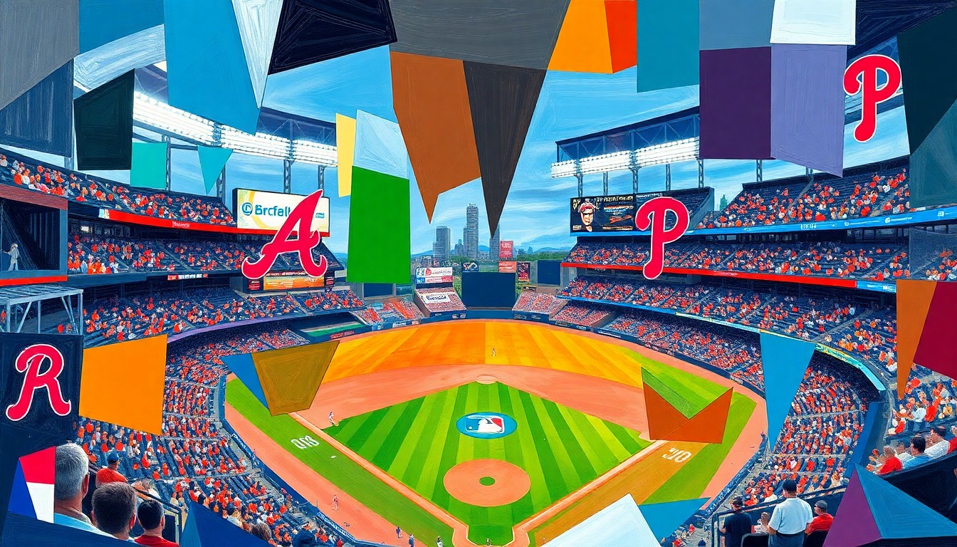 A cubist, geometric painting depicting a baseball game between the Atlanta Braves and Philadelphia Phillies, with the players and field broken down into sharp, overlapping planes of color.