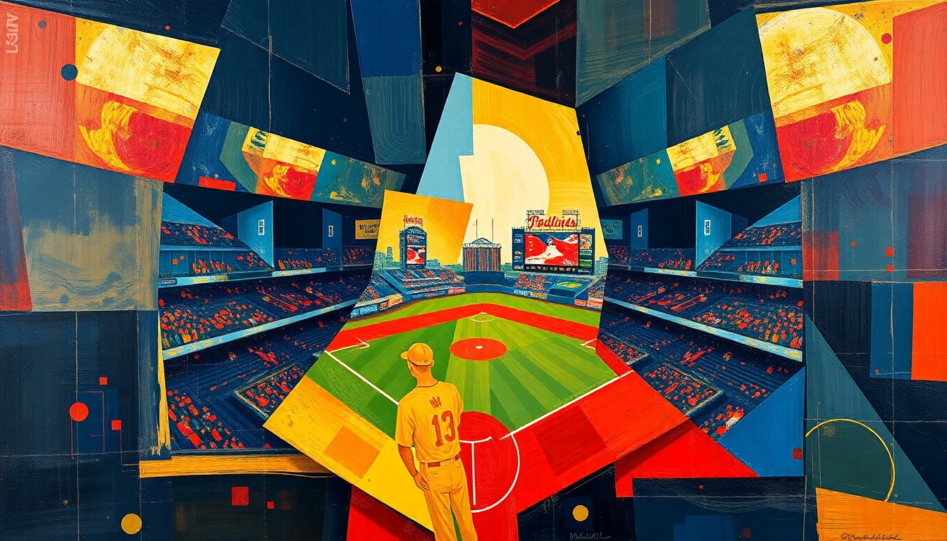 A fragmented, geometric painting depicting a baseball game, with overlapping shapes and planes in shades of navy, gold, and red, conveying the competitive spirit of the contest.