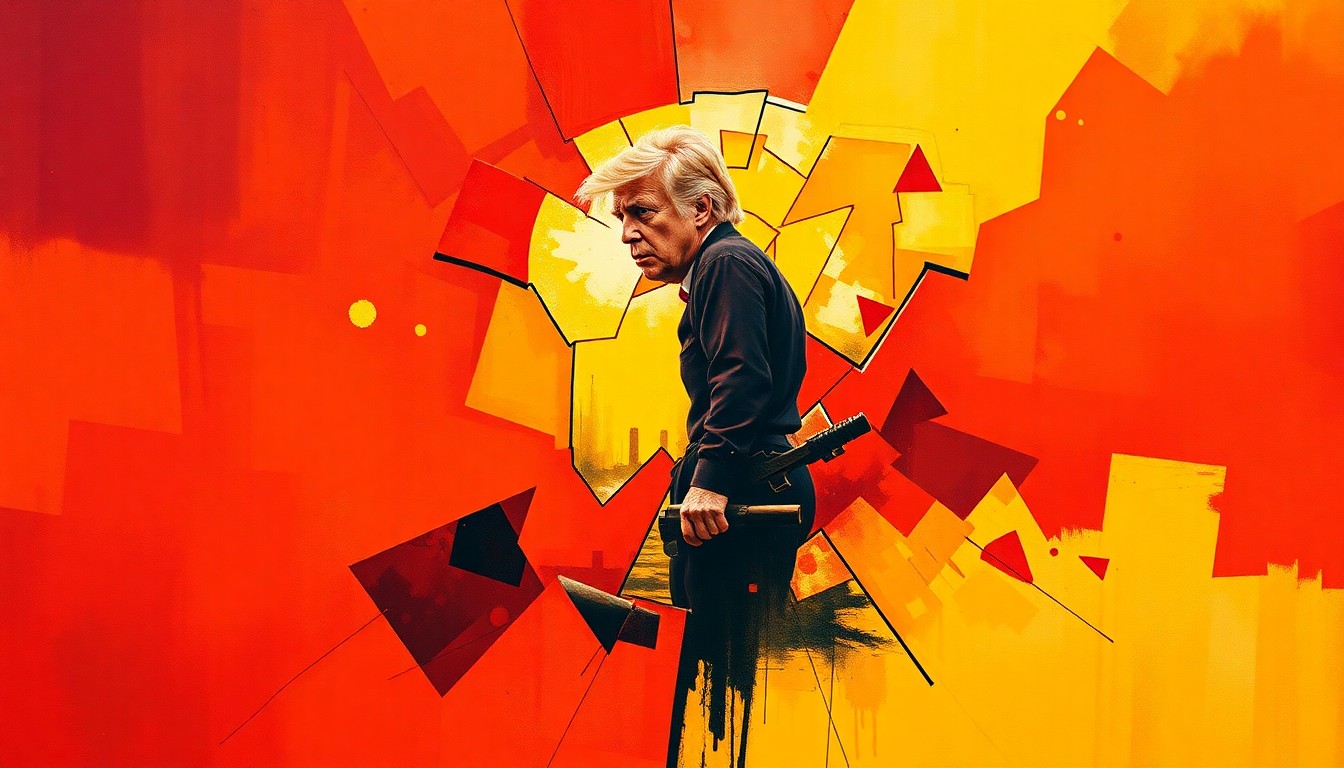 An abstract, fractured painting in warm tones depicting an indistinct figure representing the political dynamics around the Iran war and Trump's relationship with his supporters.