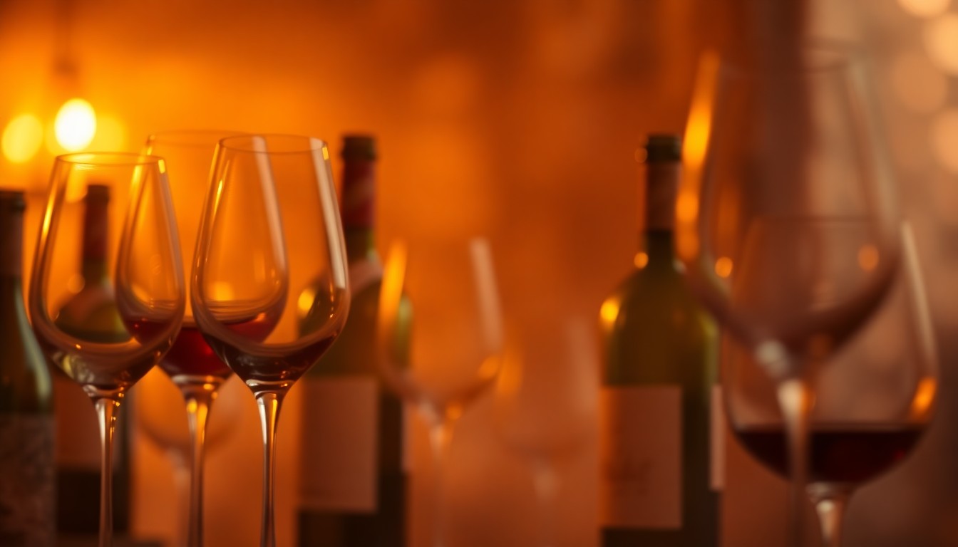 An abstract, out-of-focus scene featuring blurred wine glasses and bottles in a warm, golden light, creating a dreamy, atmospheric mood that captures the essence of the winery tour experience.