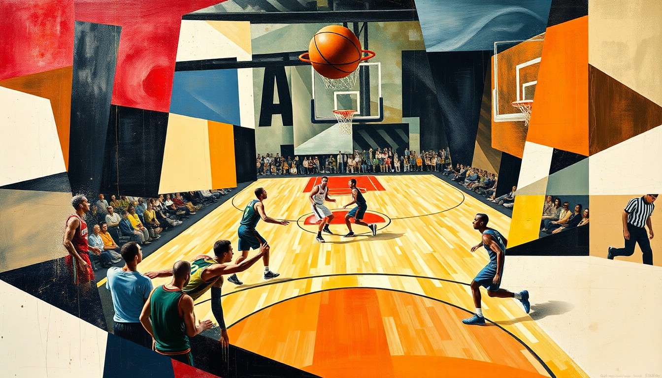 A cubist, geometric painting depicting a basketball game with fragmented, overlapping shapes and planes of color, representing the close and intense competition between the two rookie standouts.