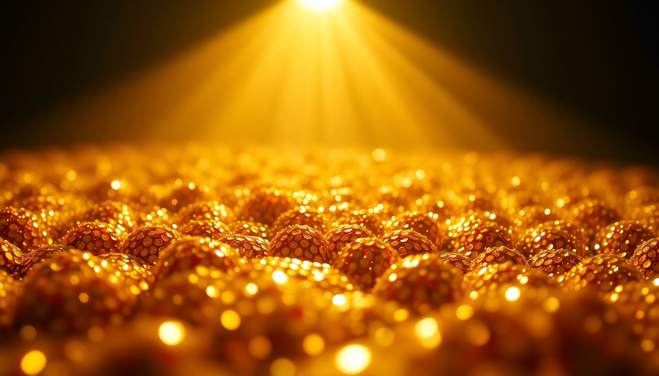 An abstract close-up photograph of shimmering gold sequins reflecting dramatic studio lighting, conveying a sense of glamour and energy.
