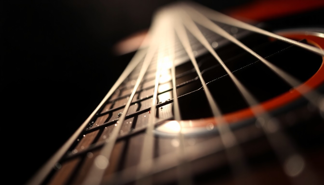 An extreme close-up photograph of the intricate, textured details of an acoustic guitar's strings and fretboard, captured in dramatic, high-contrast studio lighting to create a luxurious, glamorous aesthetic.