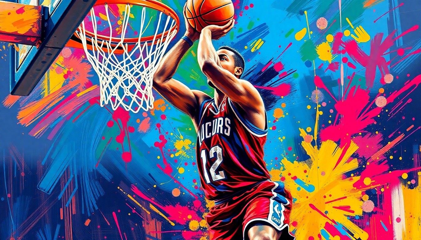 An abstract, expressionist painting featuring bold, sweeping brushstrokes in neon shades of orange, pink, and blue, capturing the dynamic movement and energy of a basketball player in action.