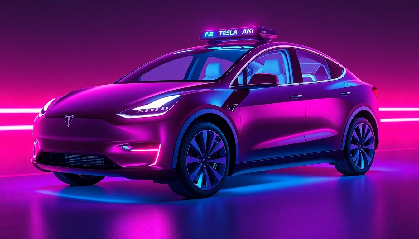 A highly detailed, glowing 3D illustration of a Tesla Model Y electric vehicle with its sensors and hardware components illuminated by neon cyan and magenta lights, conceptually representing the advanced technology powering Tesla's Robotaxi service.