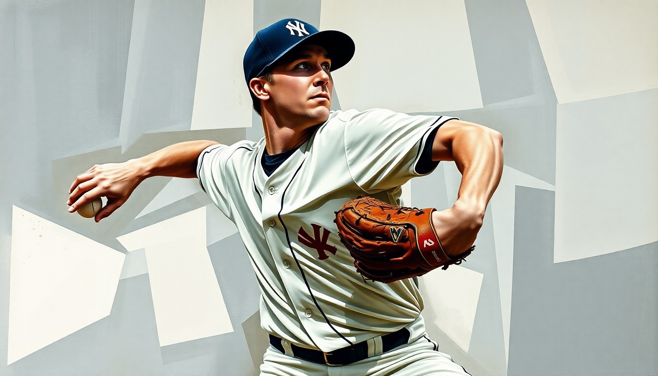 A cubist, geometric painting depicting the dynamic motion of a baseball pitcher's throwing motion, with the pitcher's face and uniform obscured into overlapping planes of color and shape.