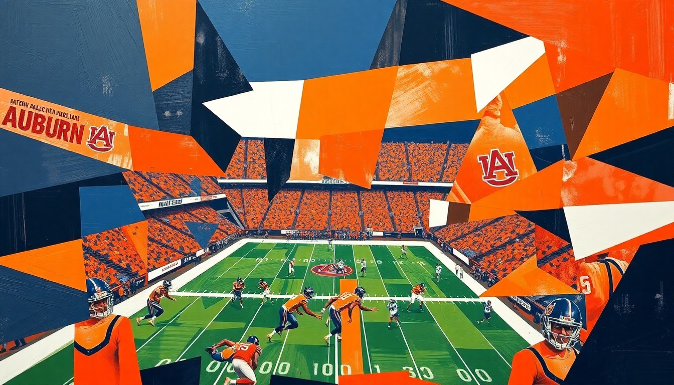 A cubist, geometric painting featuring overlapping planes of burnt orange, navy blue, and white, conceptually representing the fragmented nature of Auburn's spring football roster due to injuries.