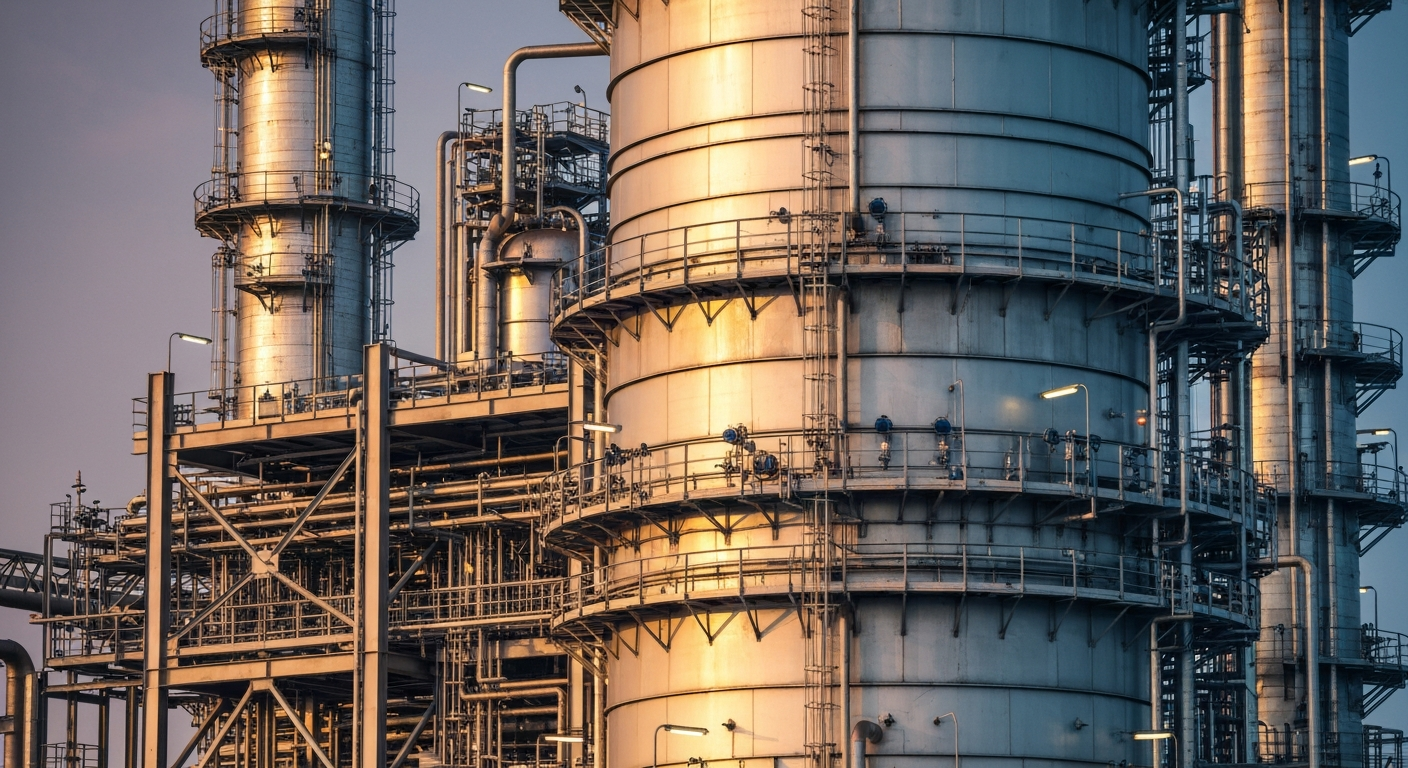 An extreme close-up of industrial oil refinery equipment and machinery, conveying the physical, capital-intensive nature of PBF Energy's business without using any text or identifiable elements.