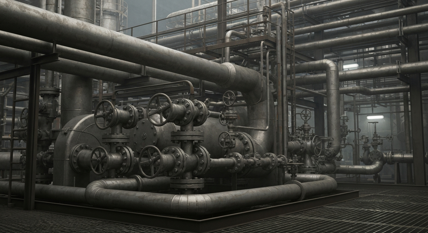 An extreme close-up of intricate, heavy industrial machinery in shades of steel gray, copper, and black, conveying the complex, physical nature of the oil and gas industry that Innovex International serves.