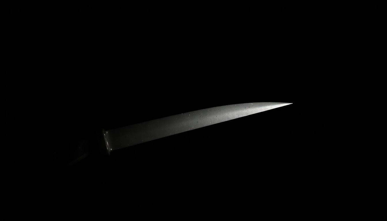 An extreme close-up photograph of a jagged, metal prison-made shank or weapon, lit by a harsh, direct camera flash against a pitch-black background, creating a stark, gritty, investigative aesthetic.