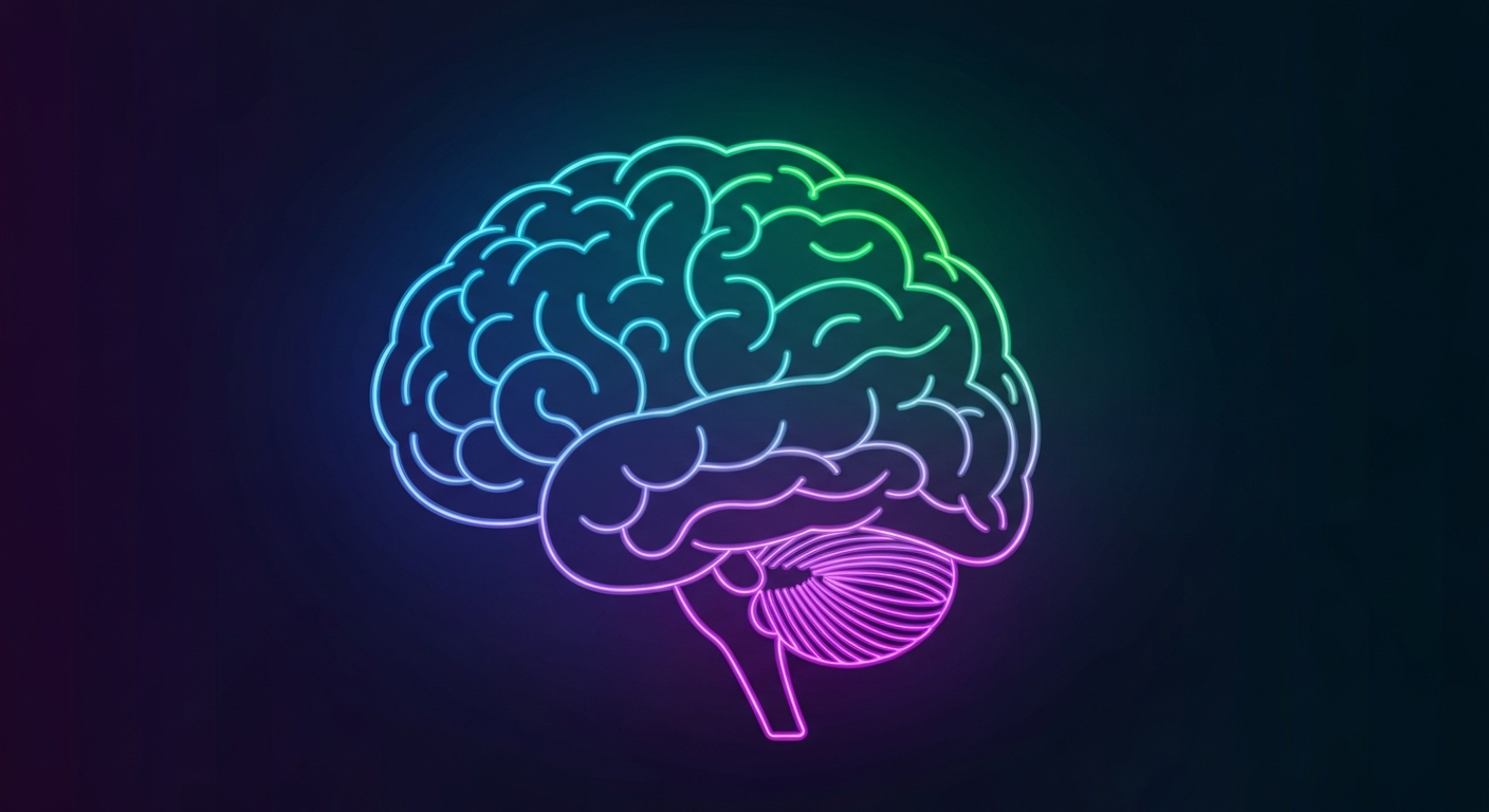 A minimalist, neon-outlined illustration of a human brain in vibrant shades of blue, green, and purple, conveying the mental health benefits of psychedelic treatments.