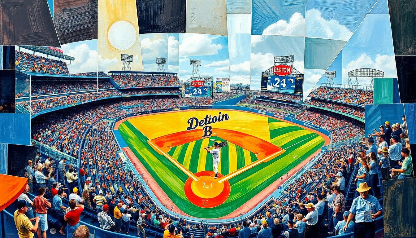A fragmented, geometric painting depicting a baseball game in progress, with players and the field broken down into angular, overlapping shapes and planes of color.