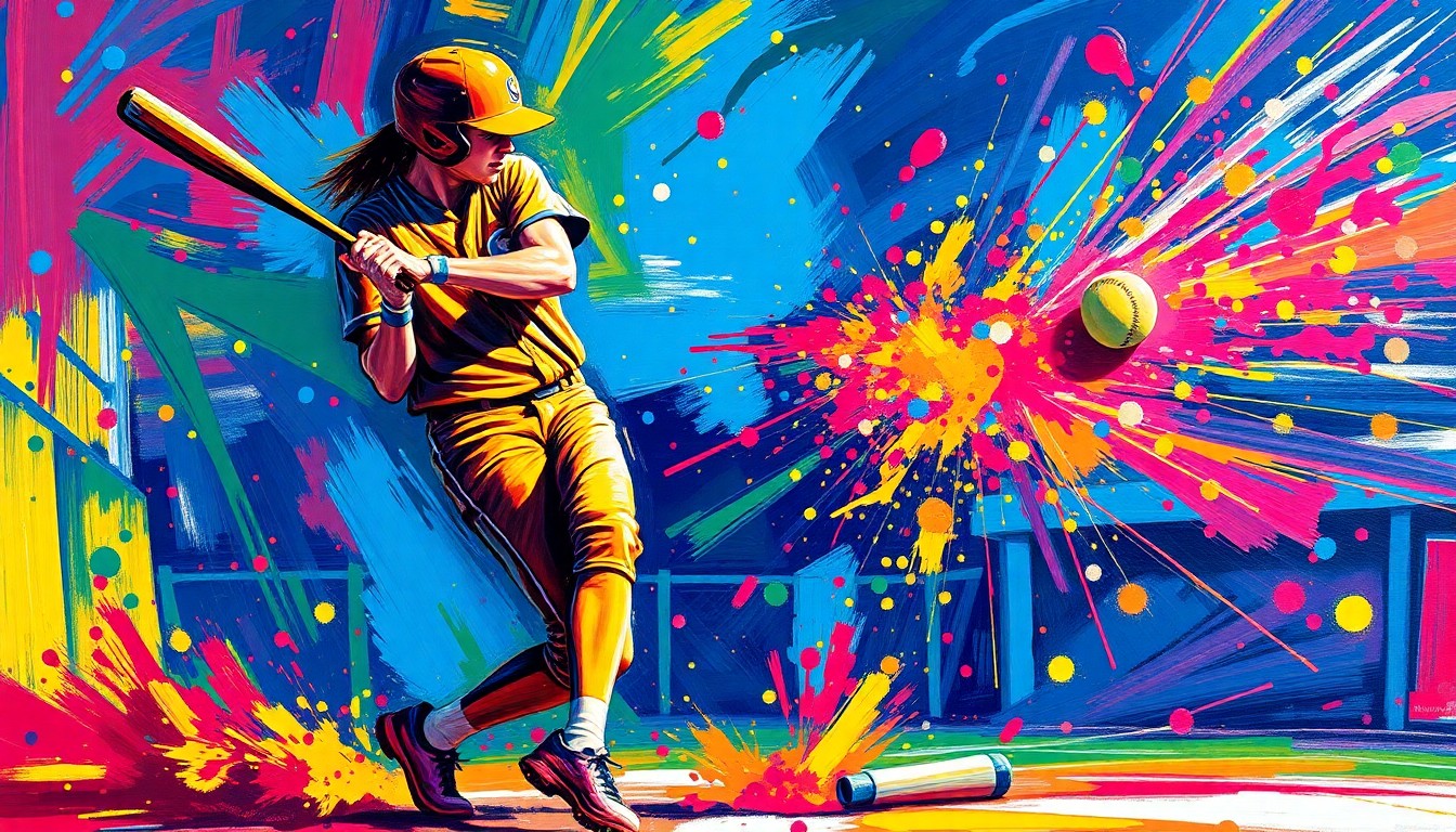 An extreme close-up of a softball player's bat making contact with the ball, with the motion and energy of the swing captured in a vibrant, expressionist style of rapid, neon-colored brushstrokes that dissolve the player's form into an abstract, emotional representation of the game-winning moment.