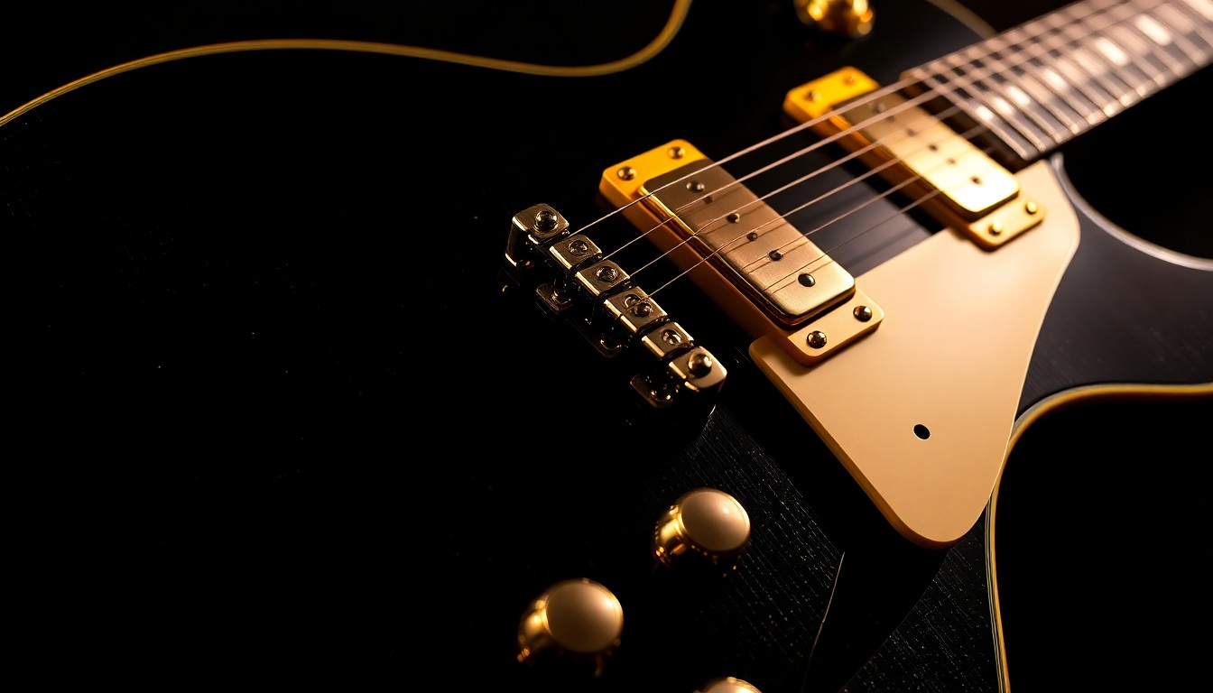 An extreme close-up photograph showcasing the intricate textures and high-contrast lighting of the glossy black finish and gold hardware on the Keith Richards 1960 ES-355 collector's guitar, capturing the essence of its premium craftsmanship and rock 'n' roll pedigree.