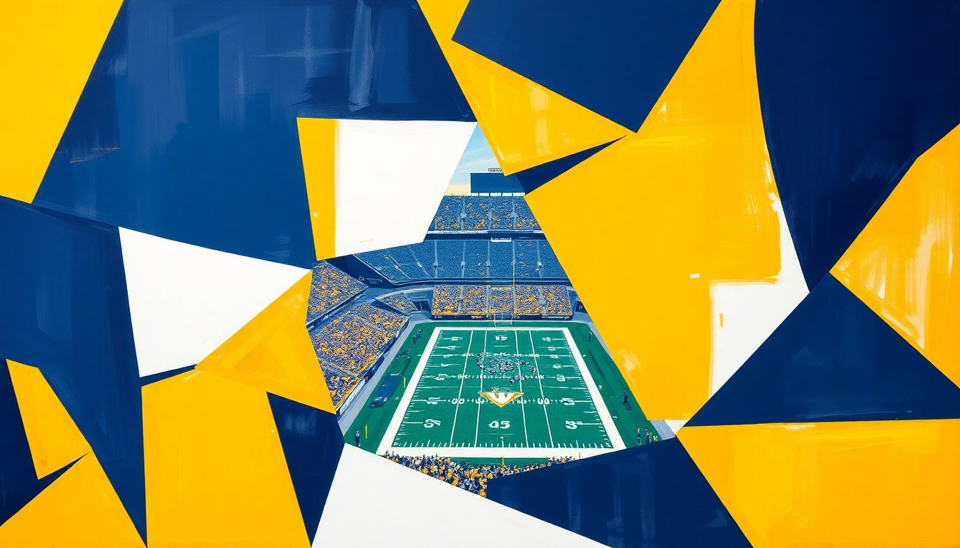 A cubist, geometric painting depicting a Vanderbilt football game, with the players and field broken down into sharp, overlapping shapes and planes in navy blue, gold, and white.