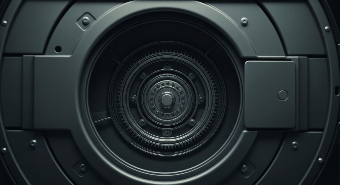 A dramatic, high-contrast close-up of the intricate gears, motors, and metal components that make up the inner workings of a large industrial washing machine, conveying a sense of the power and precision of Whirlpool's manufacturing capabilities.