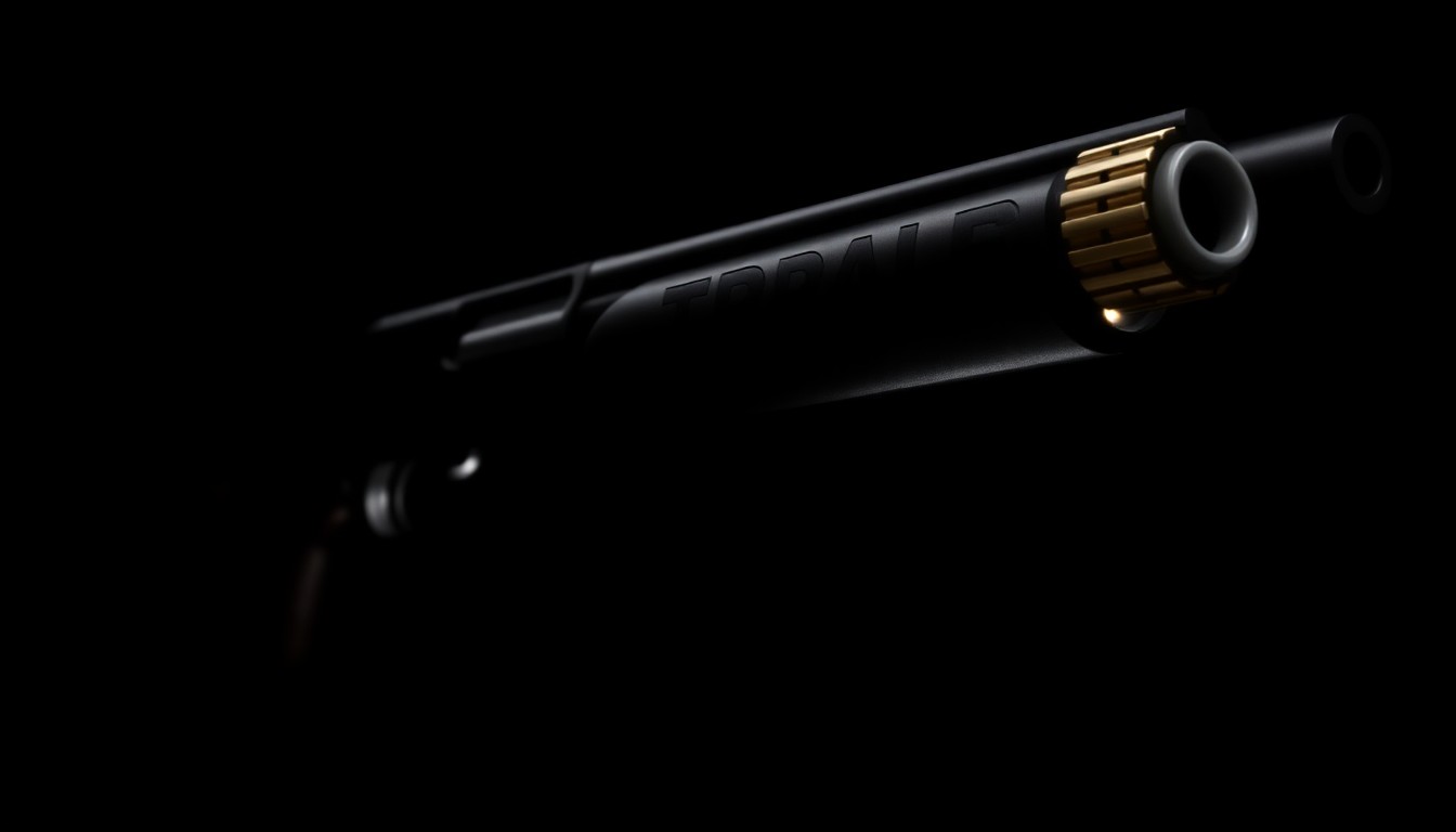 An extreme close-up of a shiny, metallic shotgun barrel and revolving cylinder, dramatically lit to create a stark, gritty investigative aesthetic.