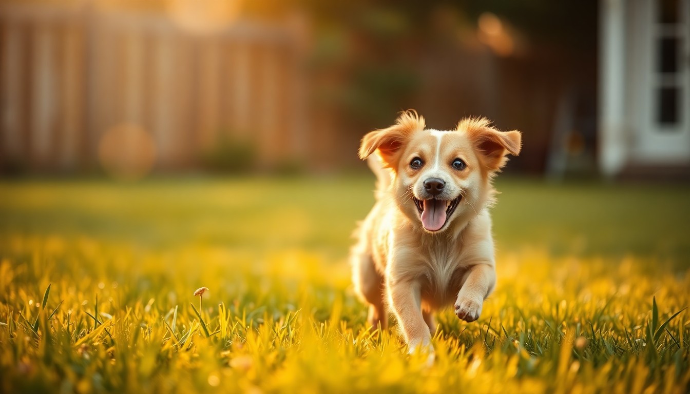 An extremely abstracted, out-of-focus photograph of a playful dog in a grassy backyard, with soft pools of warm light and color creating a dreamlike, atmospheric scene that captures the resilient spirit and joyful personality of the subject.