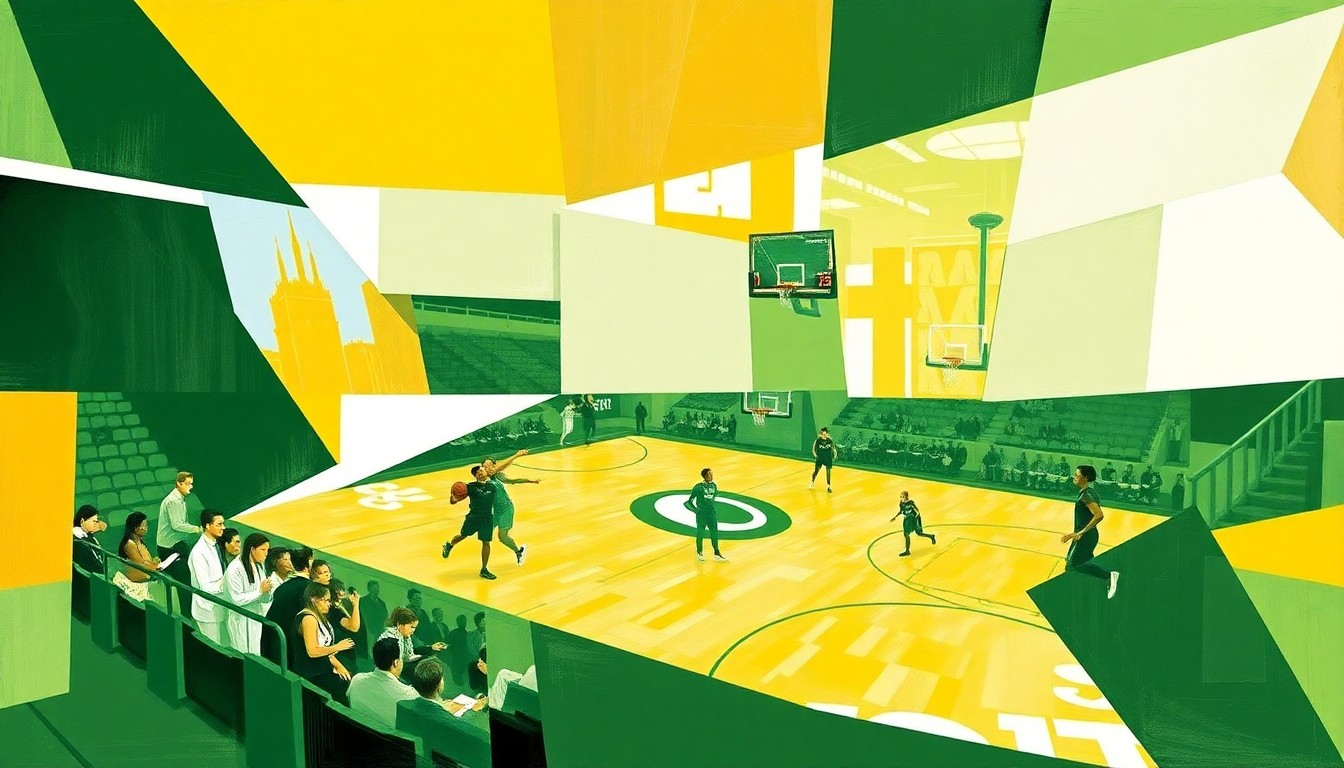 A cubist, geometric painting depicting a WNBA basketball game, with the players and court broken down into overlapping angular shapes in shades of green, white, and yellow, representing the colors of the Seattle Storm.