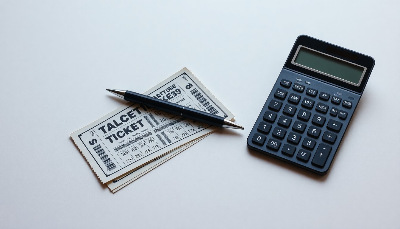 A photorealistic studio still life featuring a stack of lottery tickets, a pen, and a calculator on a clean, monochromatic background, conceptually representing the abstract ideas of finance, risk, and unexpected wealth.