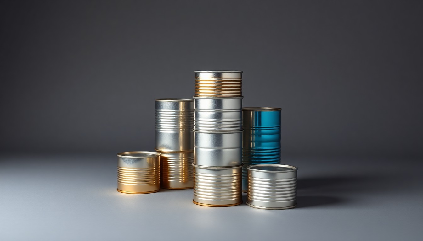 A minimalist studio photograph of a stack of shiny, metallic tin cans arranged on a plain grey background, using dramatic lighting to highlight the industrial materials and conceptually represent the strategic importance of domestic tin production.