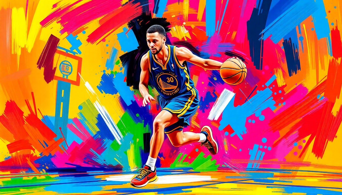 An abstract, expressionist painting in neon colors depicting the blurred, energetic motion of a basketball player dribbling, conceptually representing Stephen Curry's determined recovery from injury.