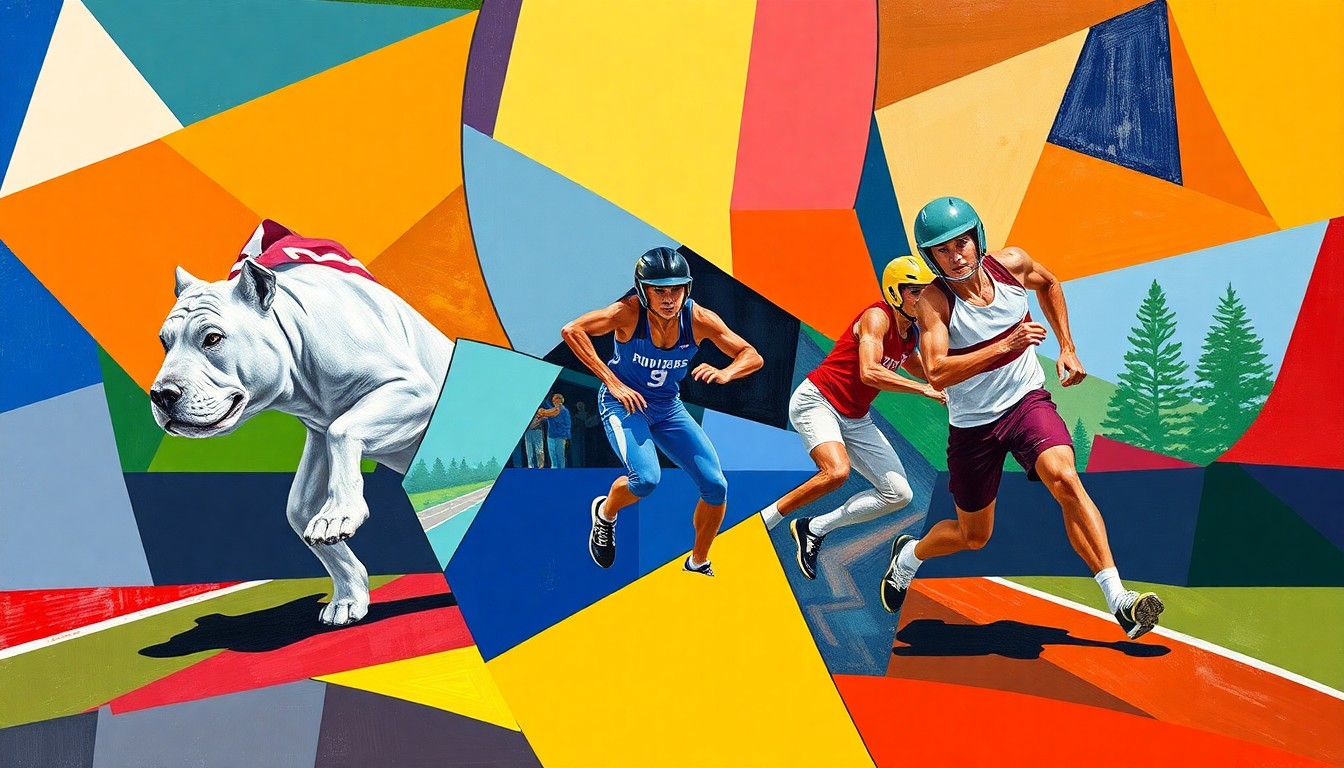 A cubist-style painting featuring overlapping geometric shapes and planes of color, representing the movement and competition of a middle school track and field event.