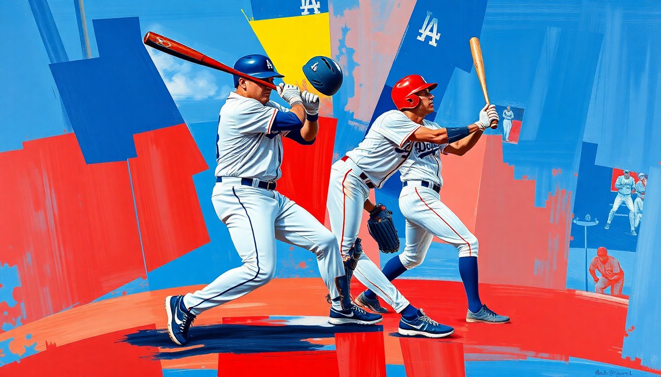 A cubist-style painting depicting a baseball player in various stages of batting, with sharp geometric shapes and planes of bright blue and red colors representing the dynamic energy of the game.