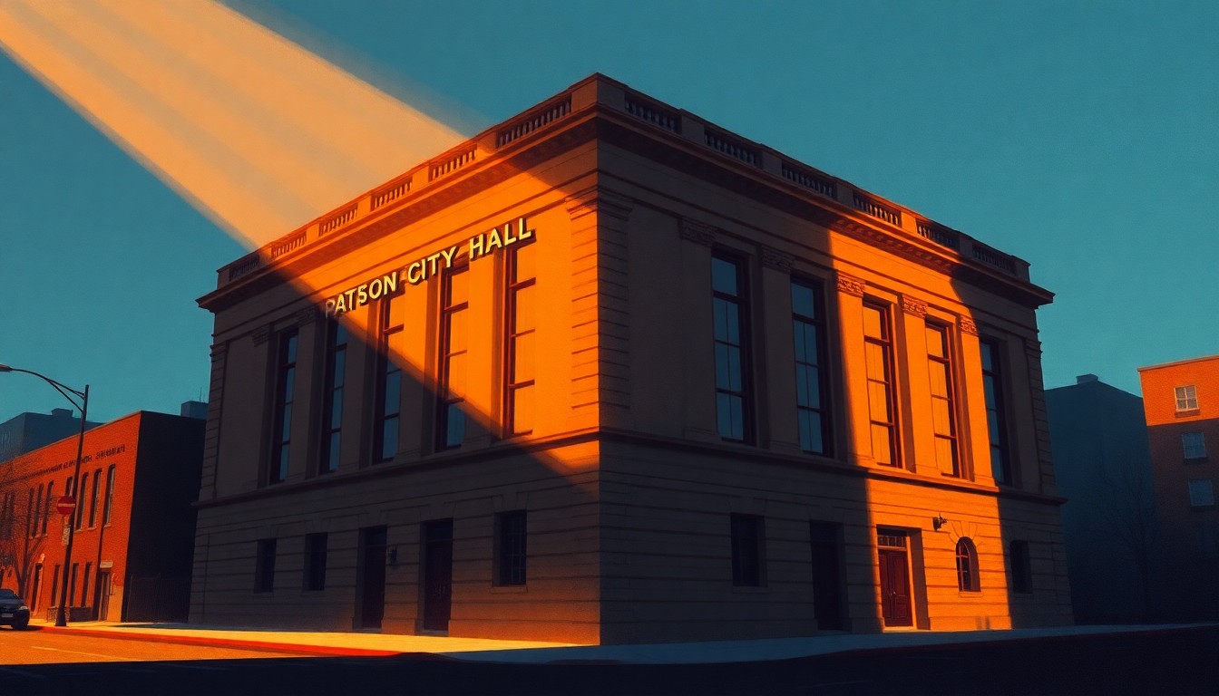 A realistic oil painting of the Paterson City Hall building, with warm sunlight casting deep shadows across the facade and surrounding landscape, creating a nostalgic, cinematic mood that reflects the importance of the upcoming mayoral election.