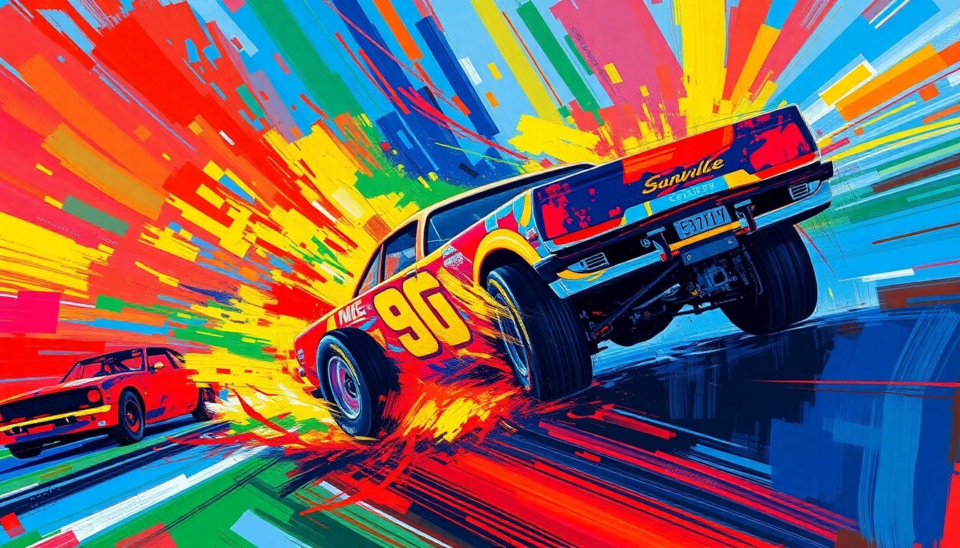A dynamic, colorful painting featuring bold brushstrokes and neon hues that convey the intense energy and motion of a stock car race, conceptually representing the excitement of the American Giuliani Construction and Restoration Classic event.