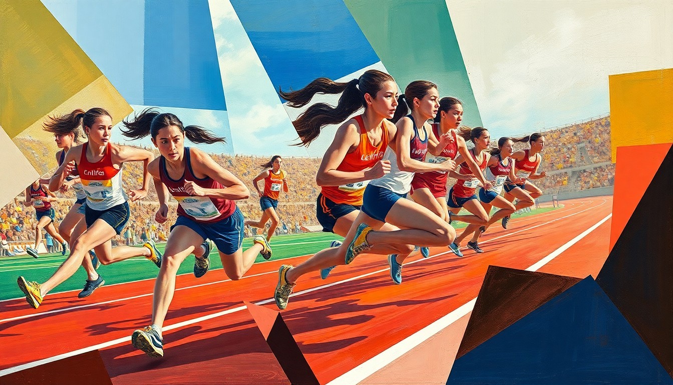 A cubist, geometric painting depicting overlapping planes of runners, hurdlers, and field event athletes in motion, conveying the dynamic action of a track and field meet.