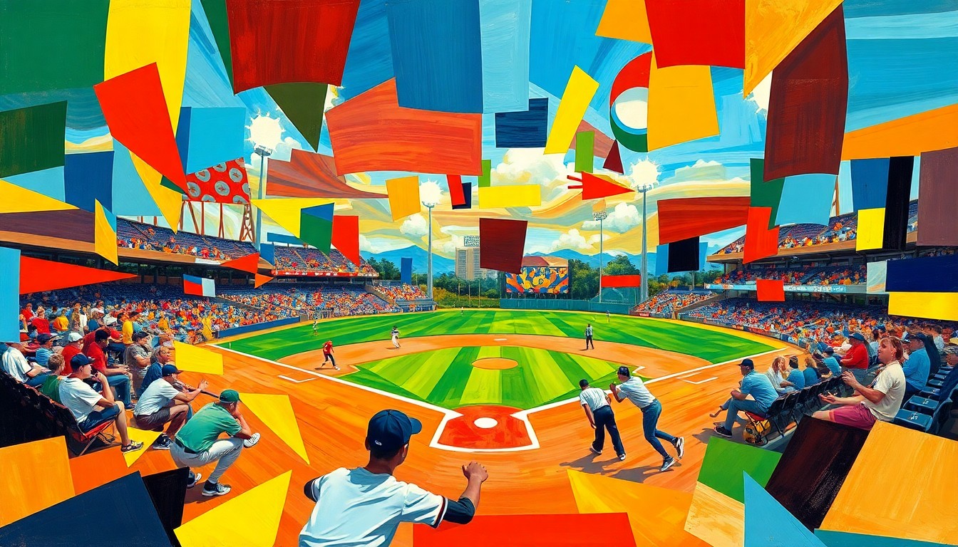 A fragmented, geometric painting in bold primary colors depicting the dynamic action of a high school baseball game, with players and the field broken down into sharp, overlapping planes.
