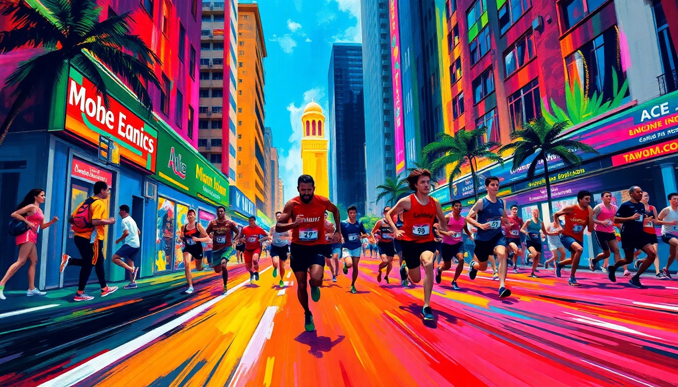 An abstract, energetic painting with bold, neon-colored brushstrokes depicting the dynamic movement and excitement of a large group of runners racing through a city street.