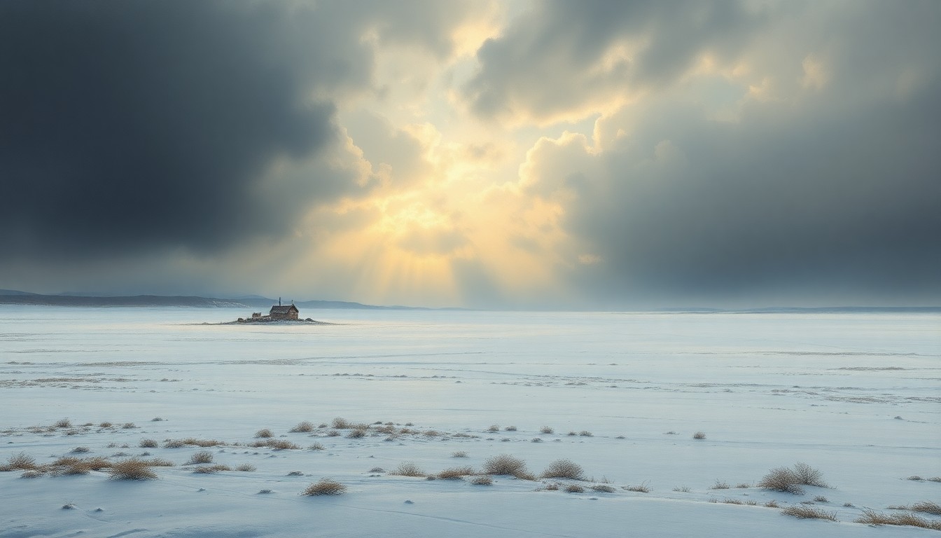 A vast, frozen field under a dramatic, cloudy sky, conveying the overwhelming power of the natural world during a sudden weather shift.
