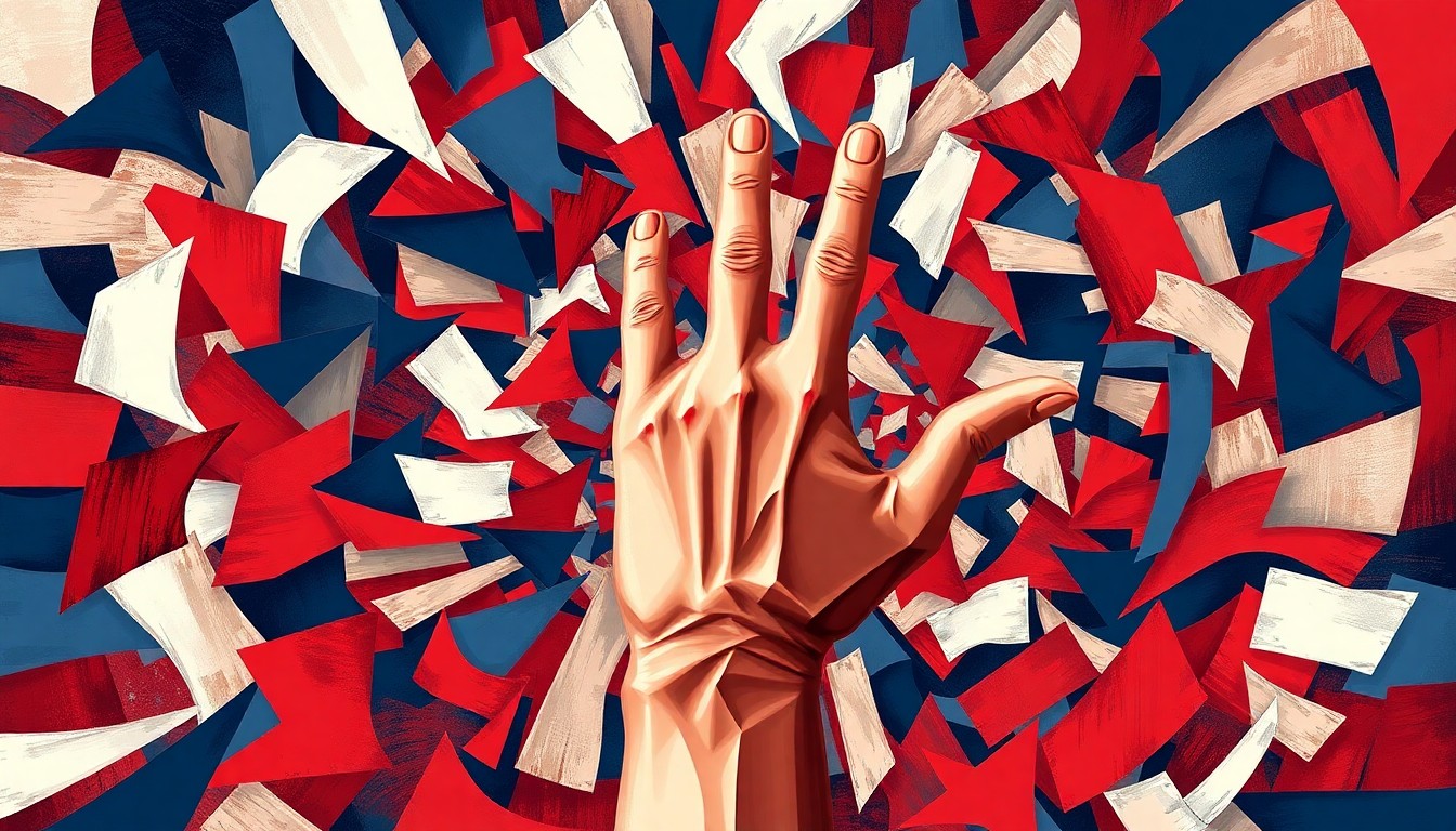 A fractured, geometric painting of a hand reaching out from a swirling background of red, white, and blue shapes, representing the divisive political climate and the tension between Trump and his former allies.