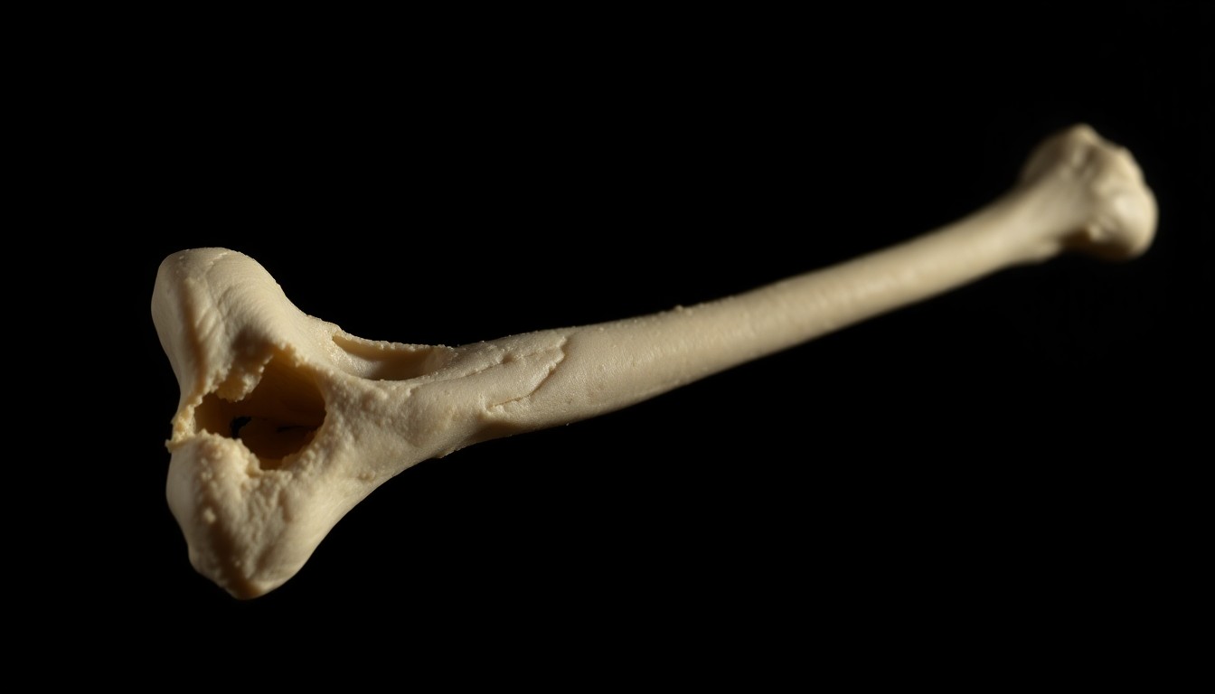 An extreme close-up of a single dismembered human bone, lit by a harsh, direct camera flash against a pitch-black background, creating a stark, gritty, investigative aesthetic.