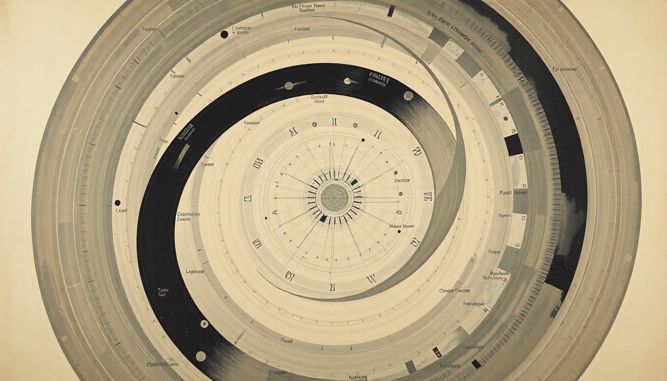 A highly textured, abstract painting in soft earth tones featuring sweeping geometric shapes and intersecting waveforms, conceptually representing the complex scientific forces behind the Artemis II mission to the Moon.