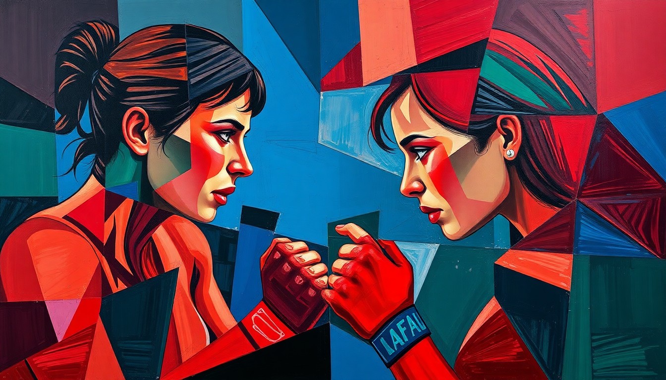A fragmented, geometric painting in bold colors representing the dynamic energy and anticipation surrounding the Ronda Rousey vs. Gina Carano MMA fight.