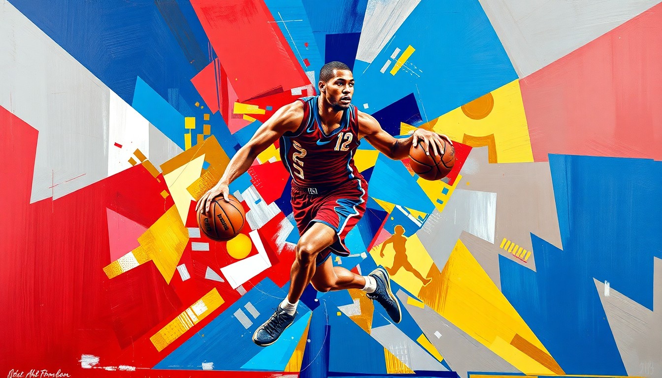 A fragmented, cubist-style painting depicting a basketball player in motion, with sharp geometric shapes and planes in vivid colors representing the dynamic energy of the sport.