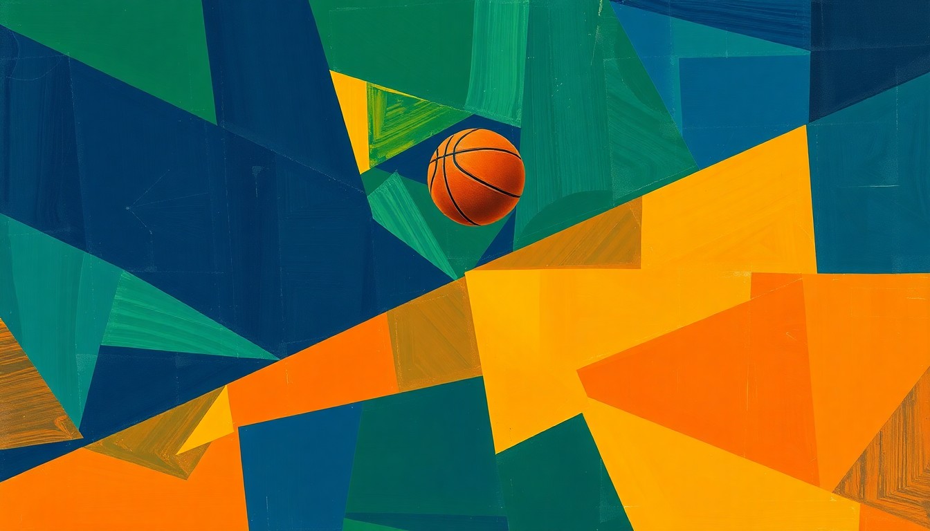 A fractured, cubist-style painting depicting the dynamic movement and energy of a basketball player blocking a shot at the rim, with sharp geometric shapes and planes in deep blues, greens, and oranges.