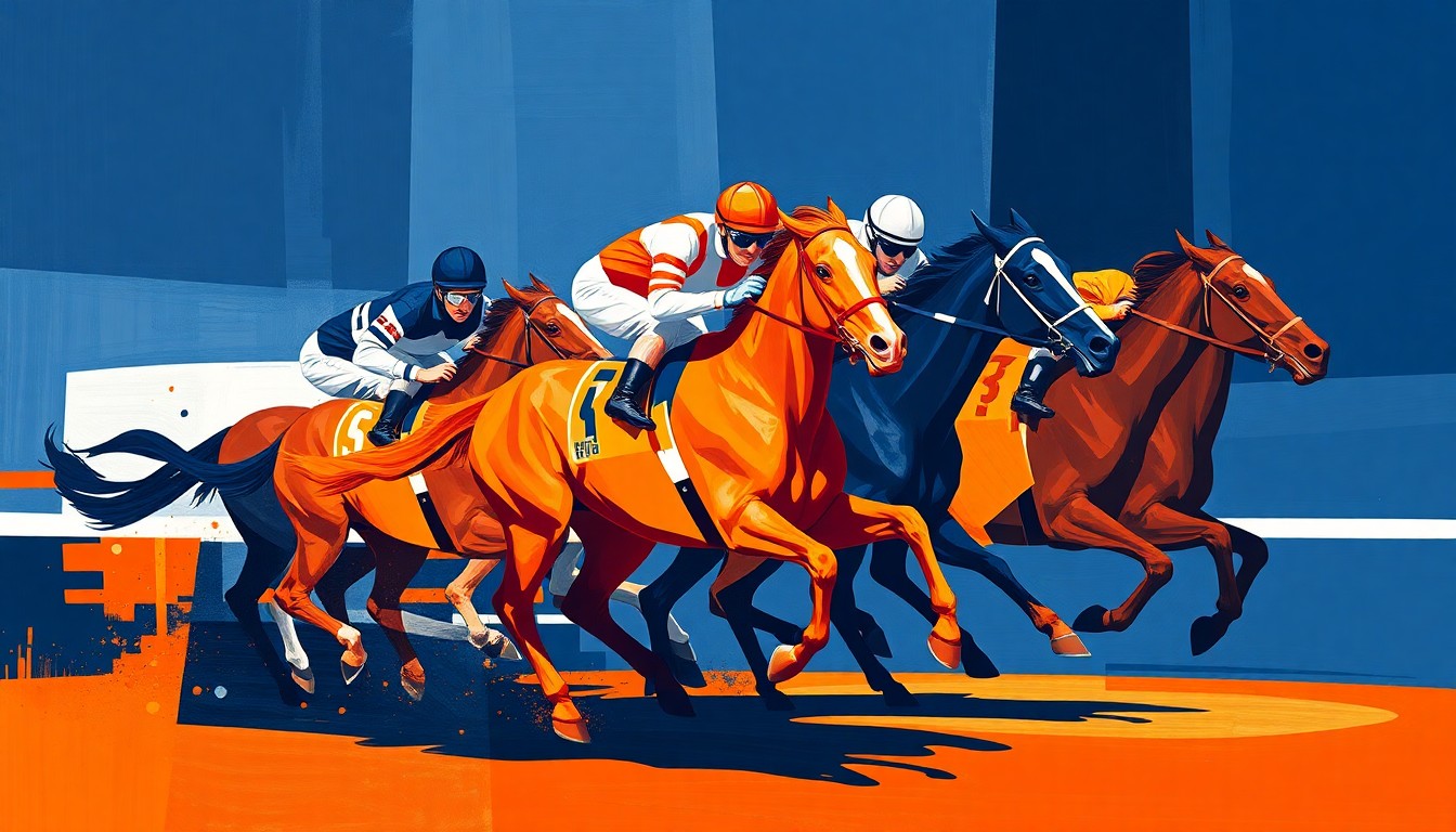 A fractured, cubist-style painting depicting the dynamic motion and energy of a horse race, with overlapping geometric shapes in navy blue, orange, and white representing the sport's vibrant colors and competitive spirit.