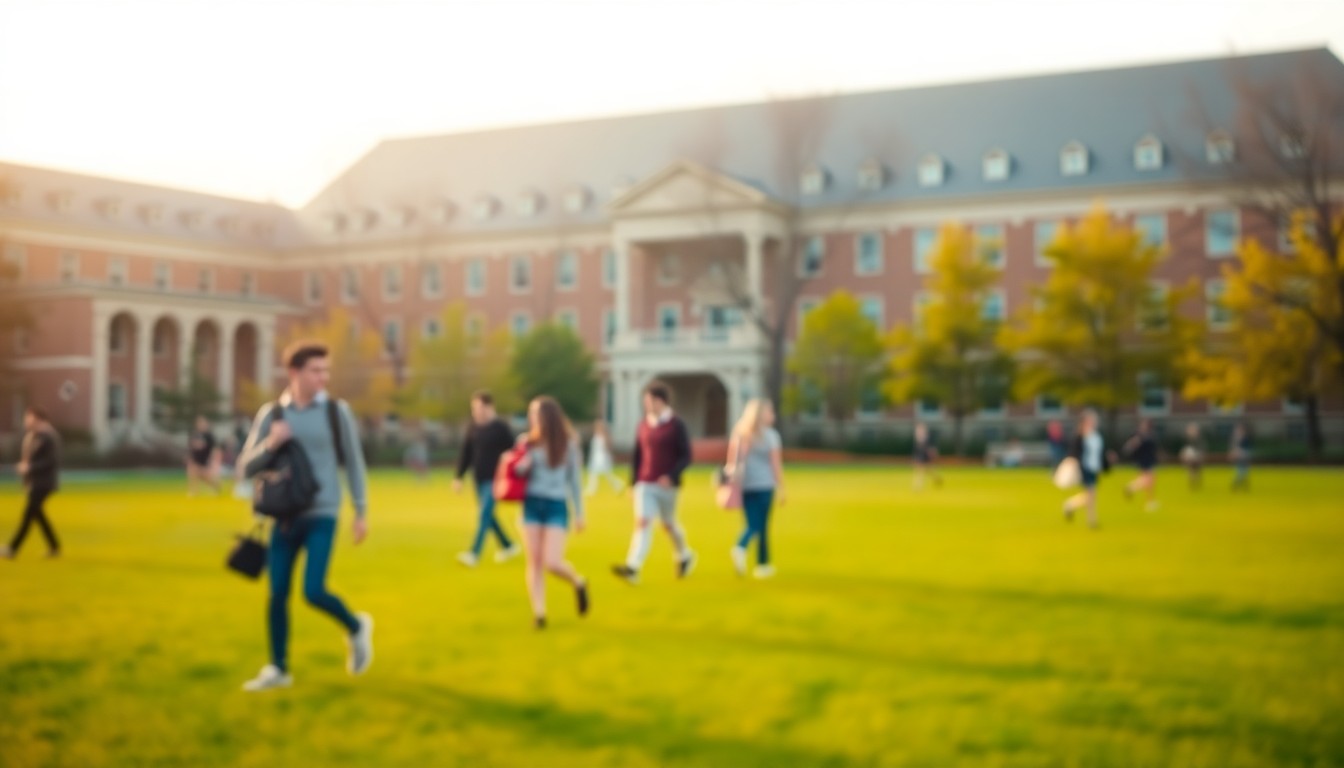 An abstract, impressionistic photograph in soft, warm colors depicting the blurred outlines of students walking across a college campus, conveying the emotional experience of returning to higher education.