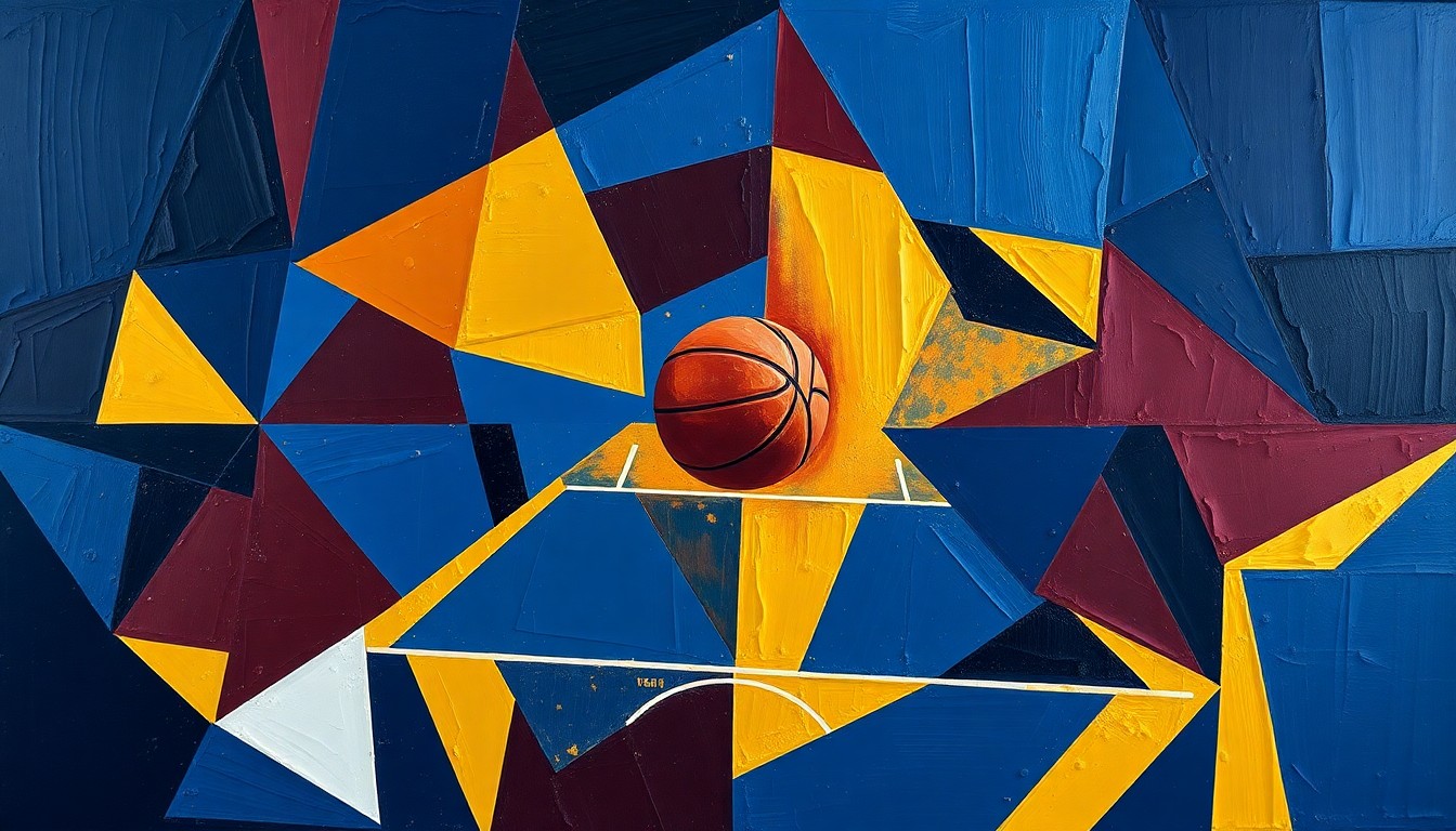 A fragmented, geometric painting depicting the motion and energy of a basketball game, with sharp planes of navy, maroon, and gold colors representing the players and court.