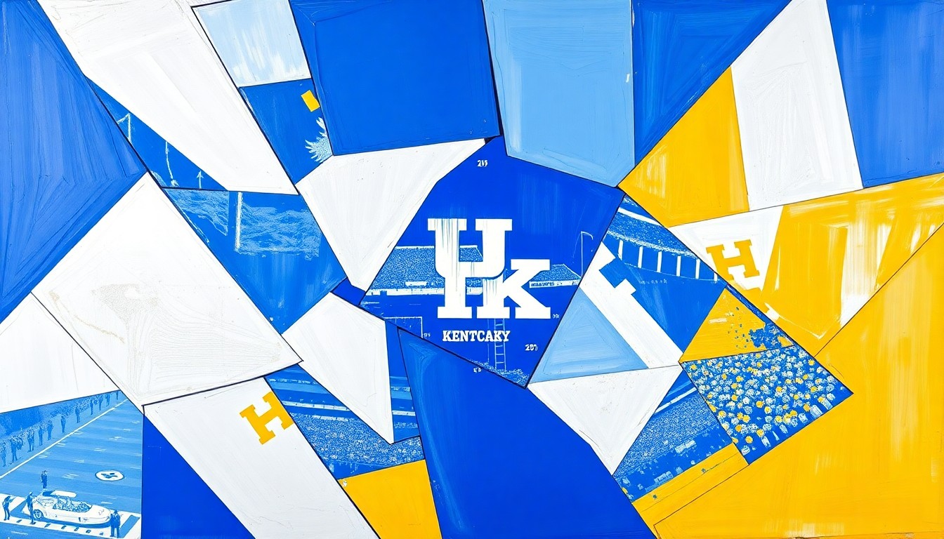 A cubist, geometric painting depicting a Kentucky football game, with sharp, overlapping planes of blue, white, and gold representing the dynamic action on the field.
