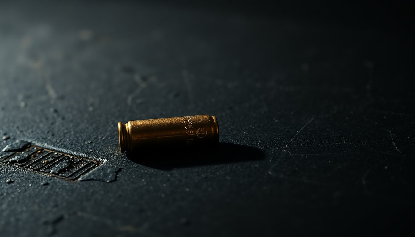 An extreme close-up photograph of a single spent bullet casing on a dark, textured surface, lit by a harsh, direct camera flash, conceptually representing the aftermath of a deadly shooting incident.
