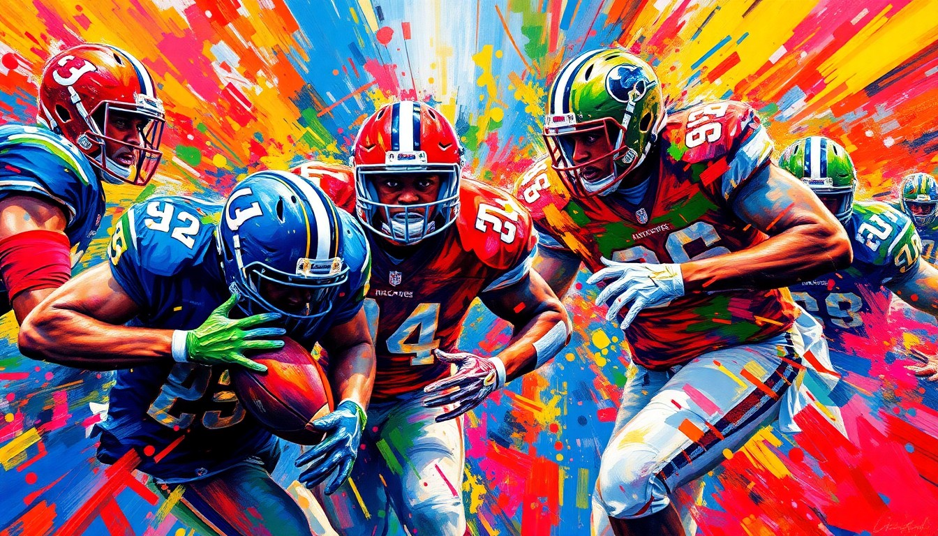 An abstract, expressionist painting in vibrant neon colors, capturing the dynamic movement and energy of a college football game with players' forms dissolving into bold, textured brushstrokes.