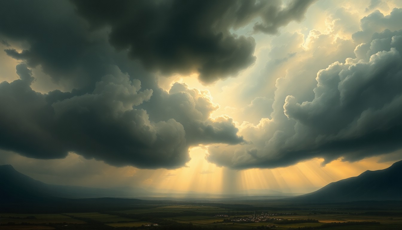A sweeping, atmospheric landscape painting in muted tones of gray, blue, and gold, with heavy storm clouds dominating the sky and casting dramatic shadows over a small town or rural scene below, conveying the overwhelming scale and force of an impending severe weather event.