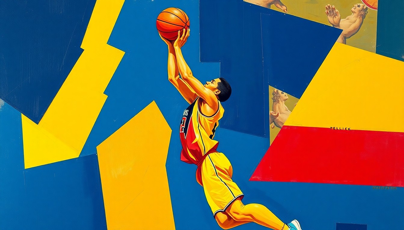 A fragmented, cubist-style painting depicting a basketball player's shooting motion, with sharp geometric shapes in navy, yellow, and red overlapping to create a dynamic, energetic composition.